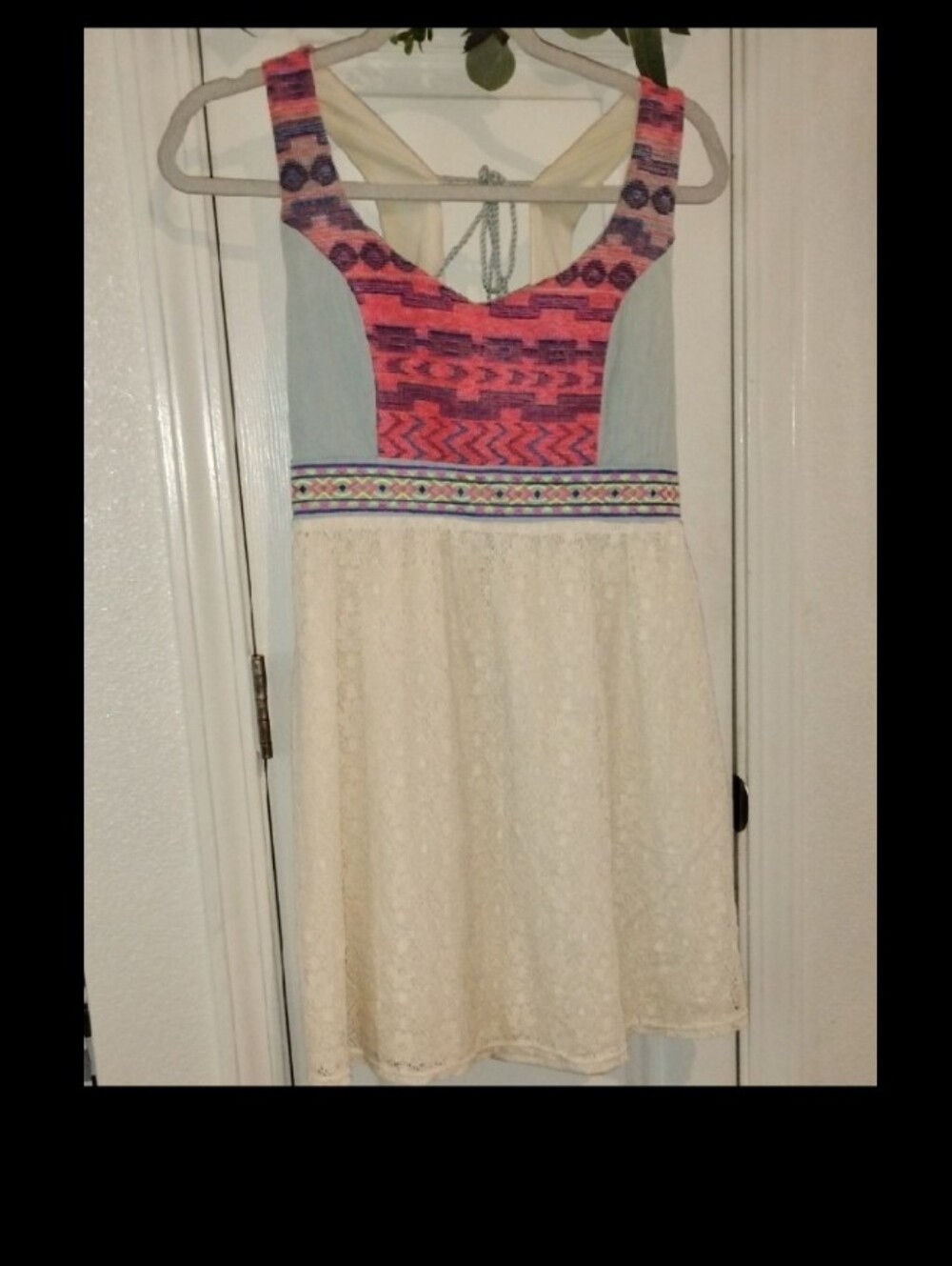 Boho Embroidered Cream Lace Skater Dress with Pink Aztec Bodice